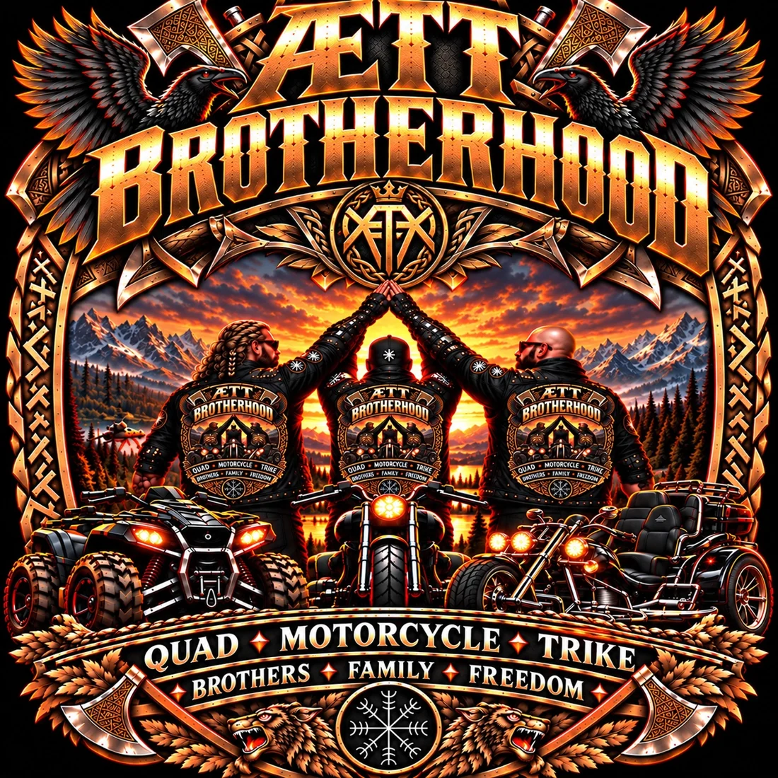 Offizielles Rückenpatch von ÆTT BROTHERHOOD mit Bikern, nordischen Symbolen, Motorrad, Quad und Trike